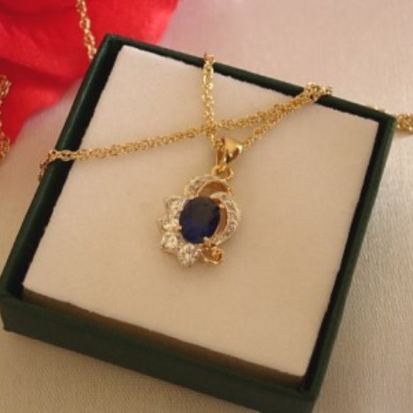Stunning Blue Topaz & Cubic Zirconia with chain 18k Gold Filled Necklace - Picture 3 of 5